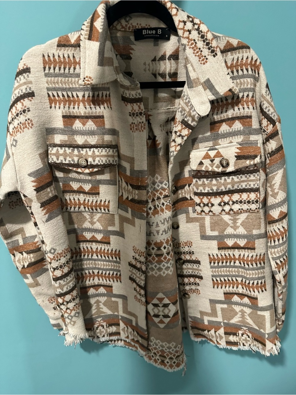 Blue B Aztec Print Shacket in Cream & Brown